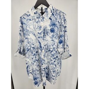 Club Z Collection Beach White Blue Tropical Toile Linen Blend Roll Tab Shirt L